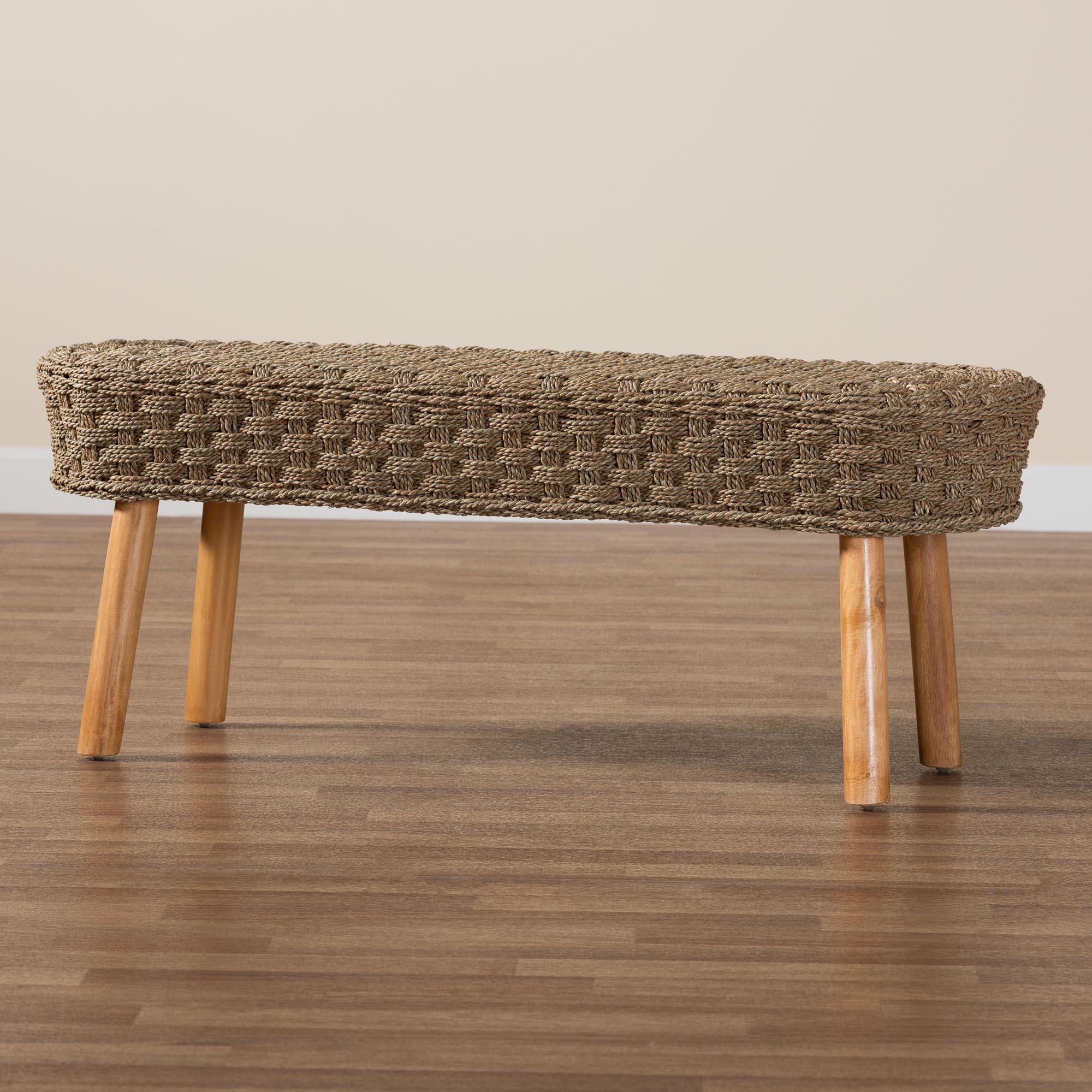 bali & pari Denver Modern Bohemian Seagrass and Acacia Wood Accent Bench
