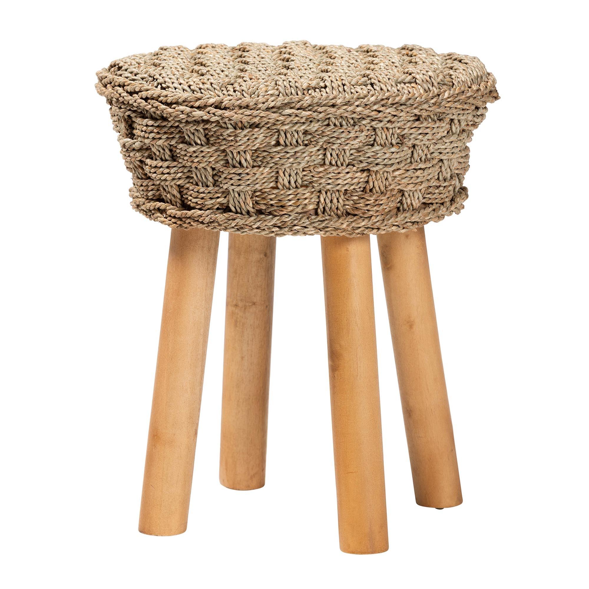 Bali & Pari Denver Modern Bohemian Seagrass and Acacia Wood Stool