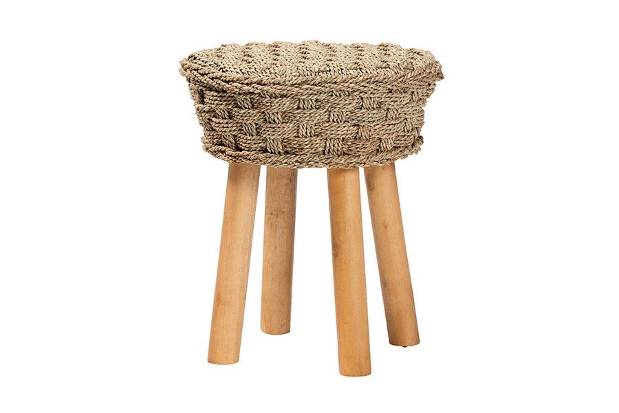 Bali & Pari Denver Modern Bohemian Seagrass and Acacia Wood Stool