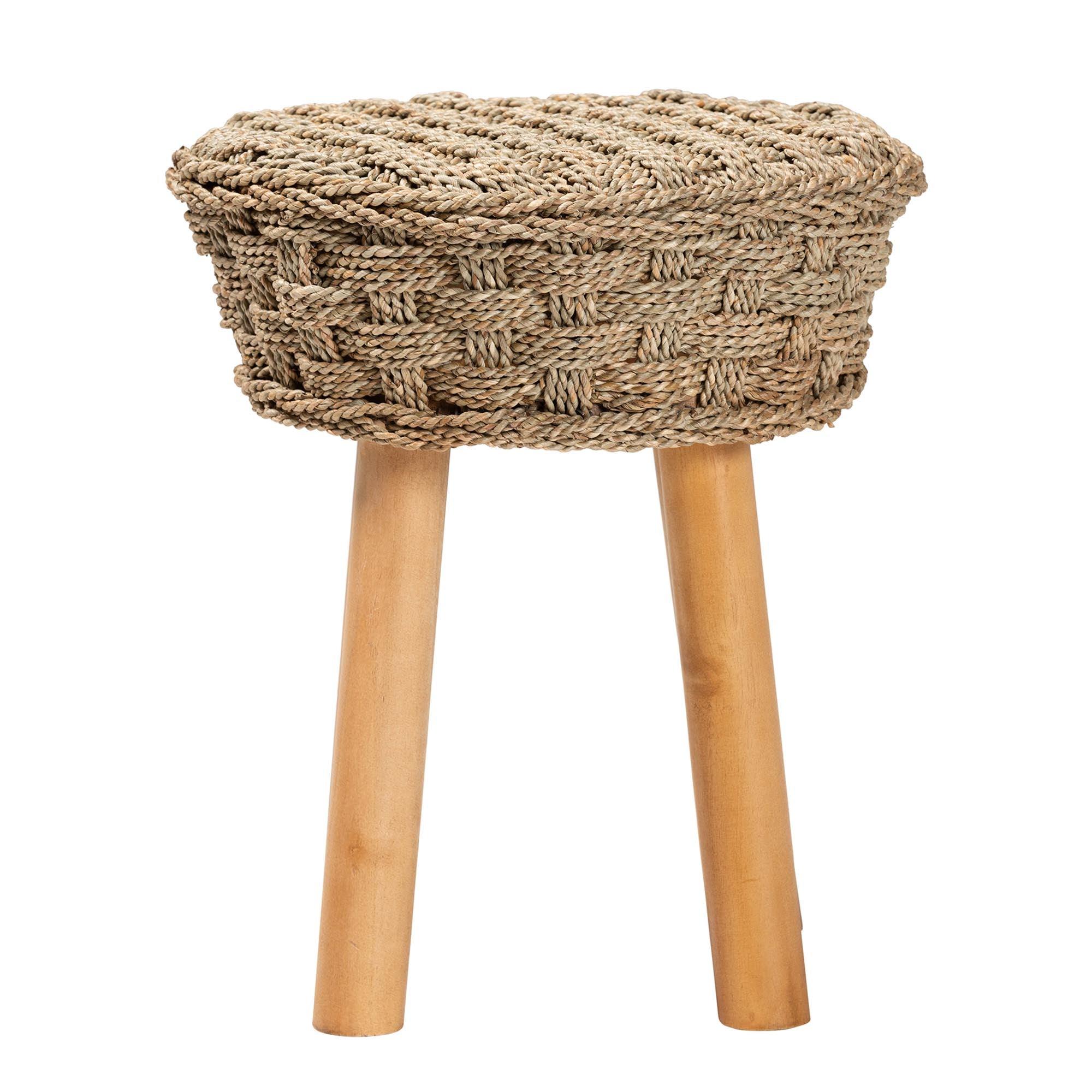 Bali & Pari Denver Modern Bohemian Seagrass and Acacia Wood Stool