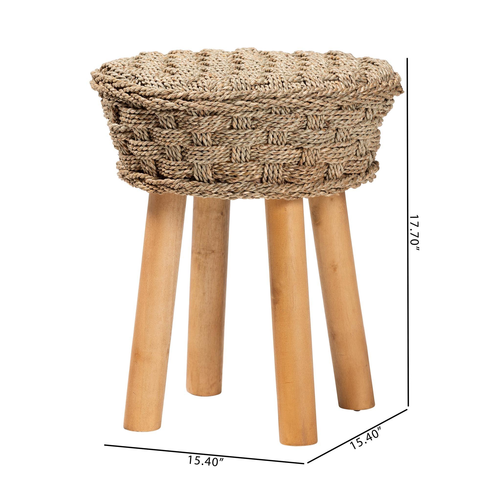 Bali & Pari Denver Modern Bohemian Seagrass and Acacia Wood Stool