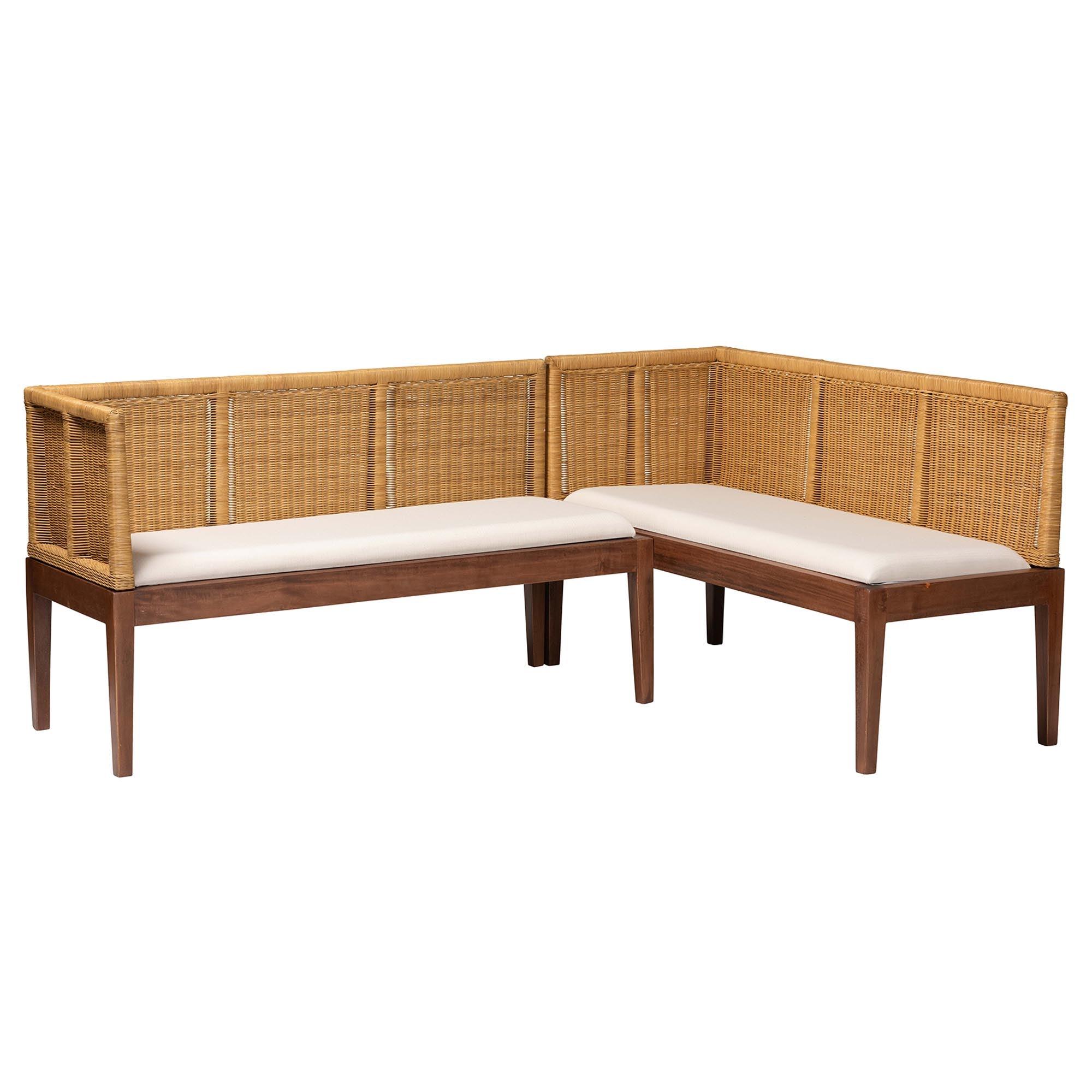 Bali & Pari Tabanan Modern Bohemian Nautral Rattan and Acacia Wood 2-Piece Dining Nook Banquette Set