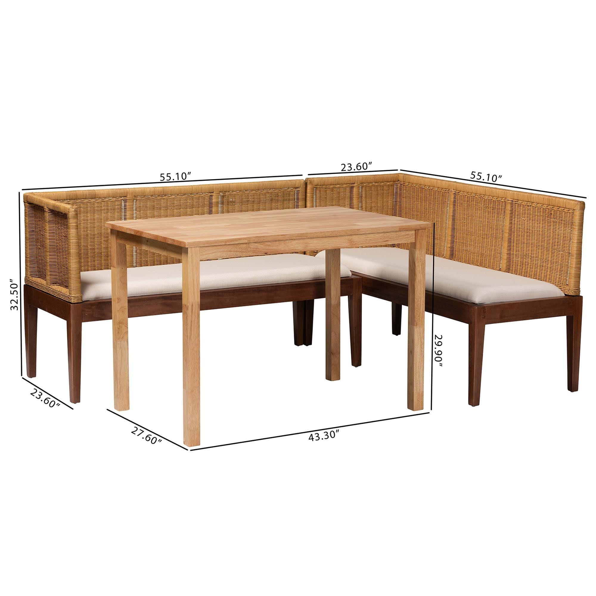 Bali & Pari Tabanan Modern Bohemian Rattan and Acacia Wood 3-Piece Dining Nook set