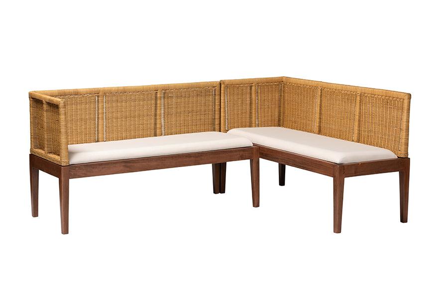 Bali & Pari Tabanan Modern Bohemian Nautral Rattan and Acacia Wood 2-Piece Dining Nook Banquette Set