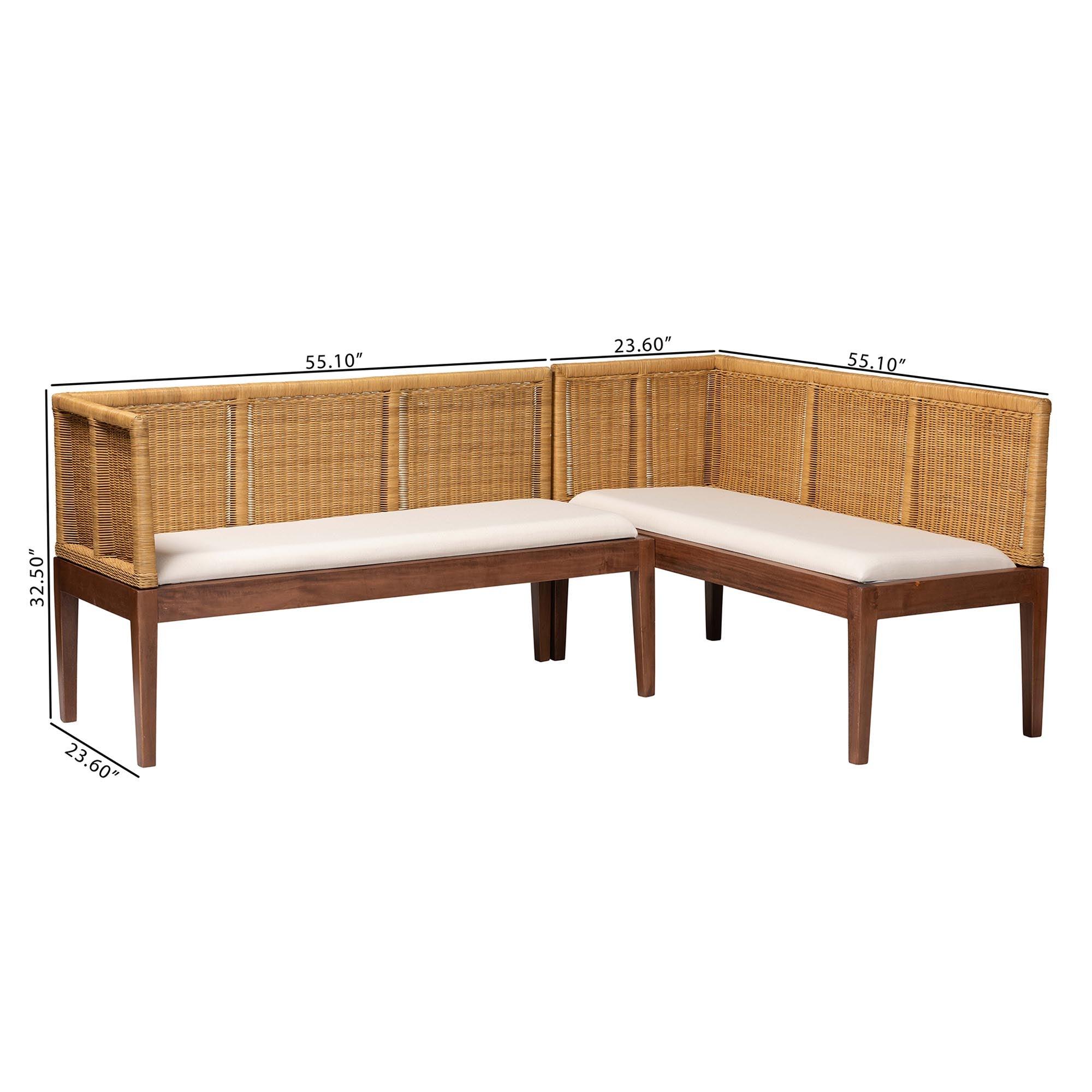 Bali & Pari Tabanan Modern Bohemian Nautral Rattan and Acacia Wood 2-Piece Dining Nook Banquette Set