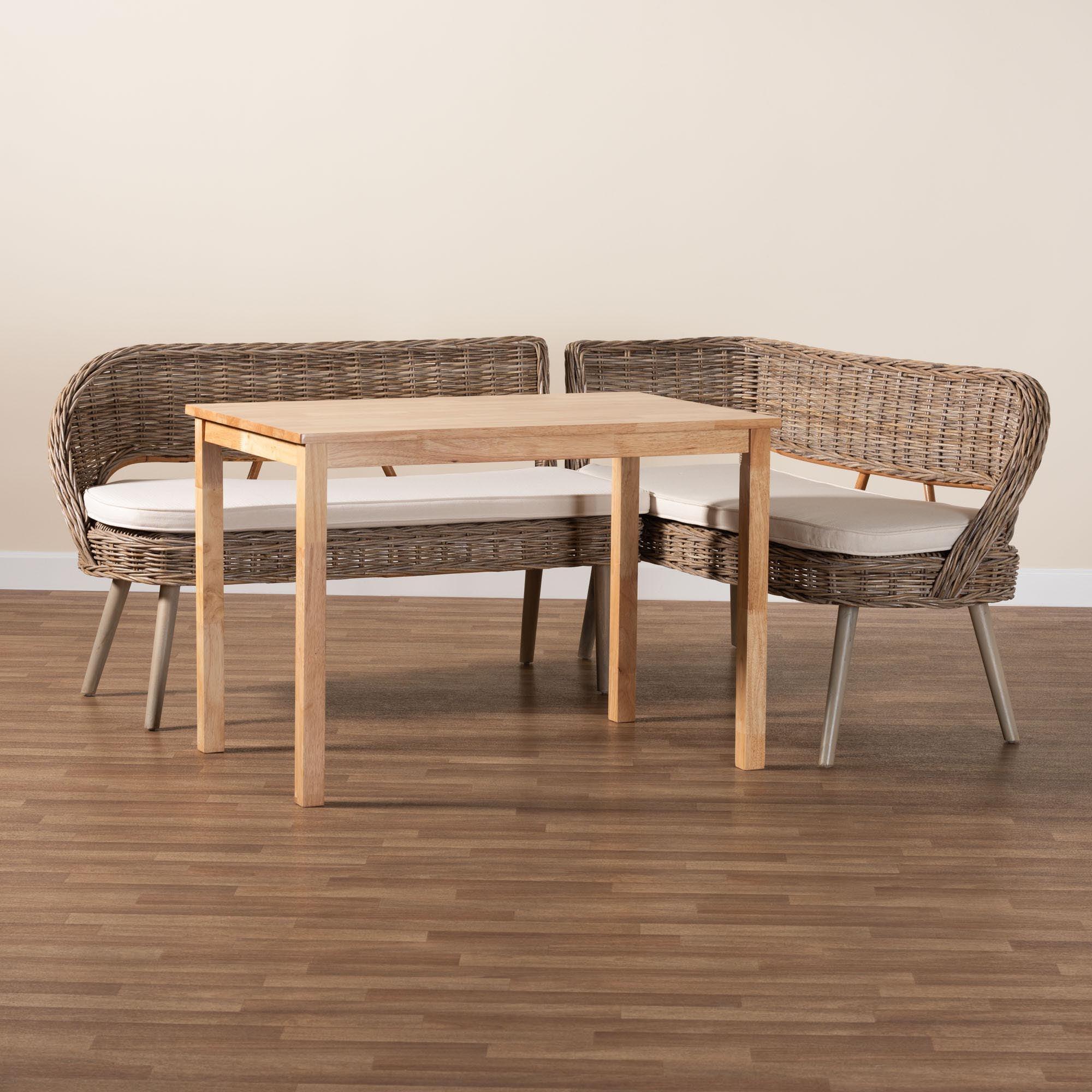 Raisa Modern Bohemian Kubu Rattan Bench and Wood Table 3-Piece Dining Nook Set