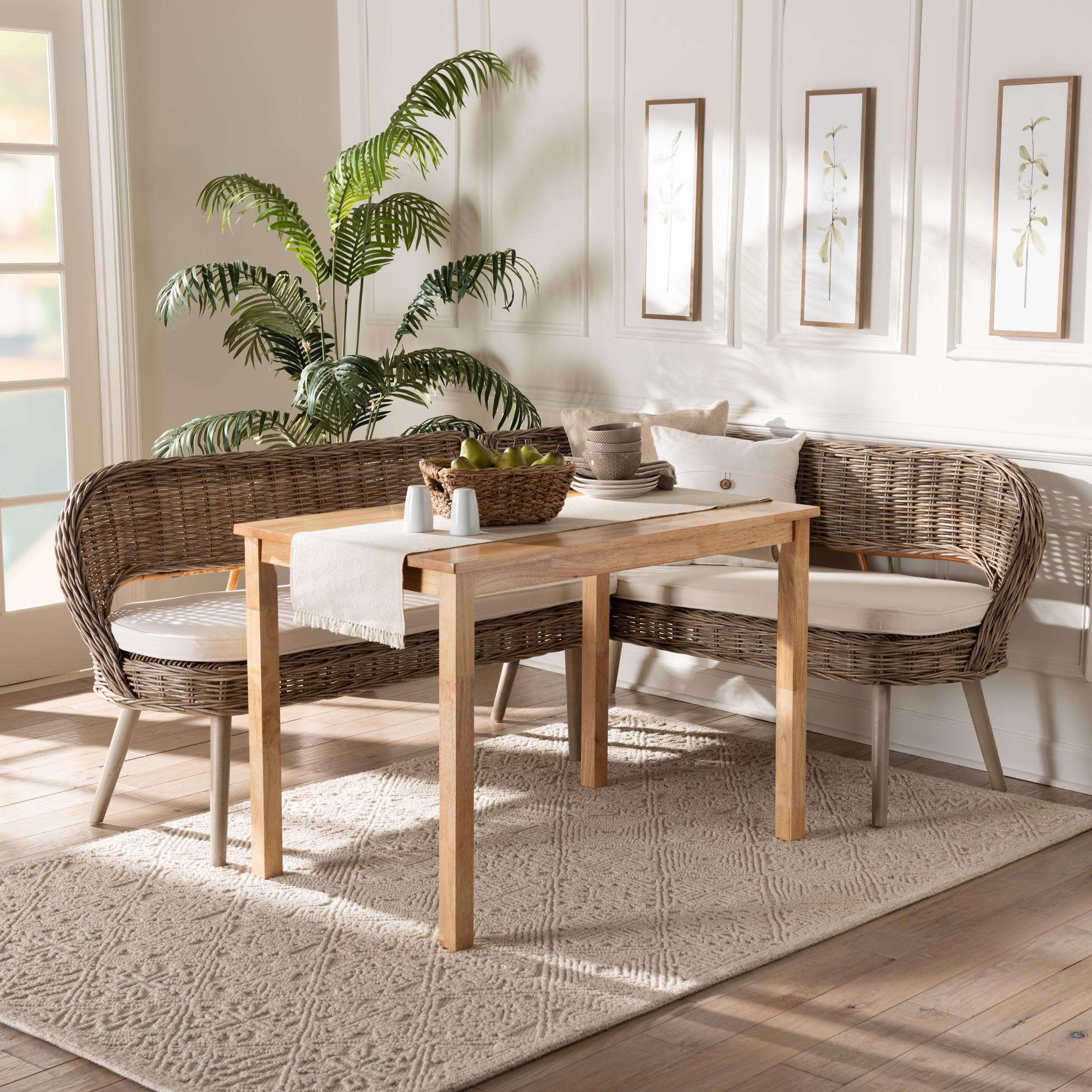 Raisa Modern Bohemian Kubu Rattan Bench and Wood Table 3-Piece Dining Nook Set