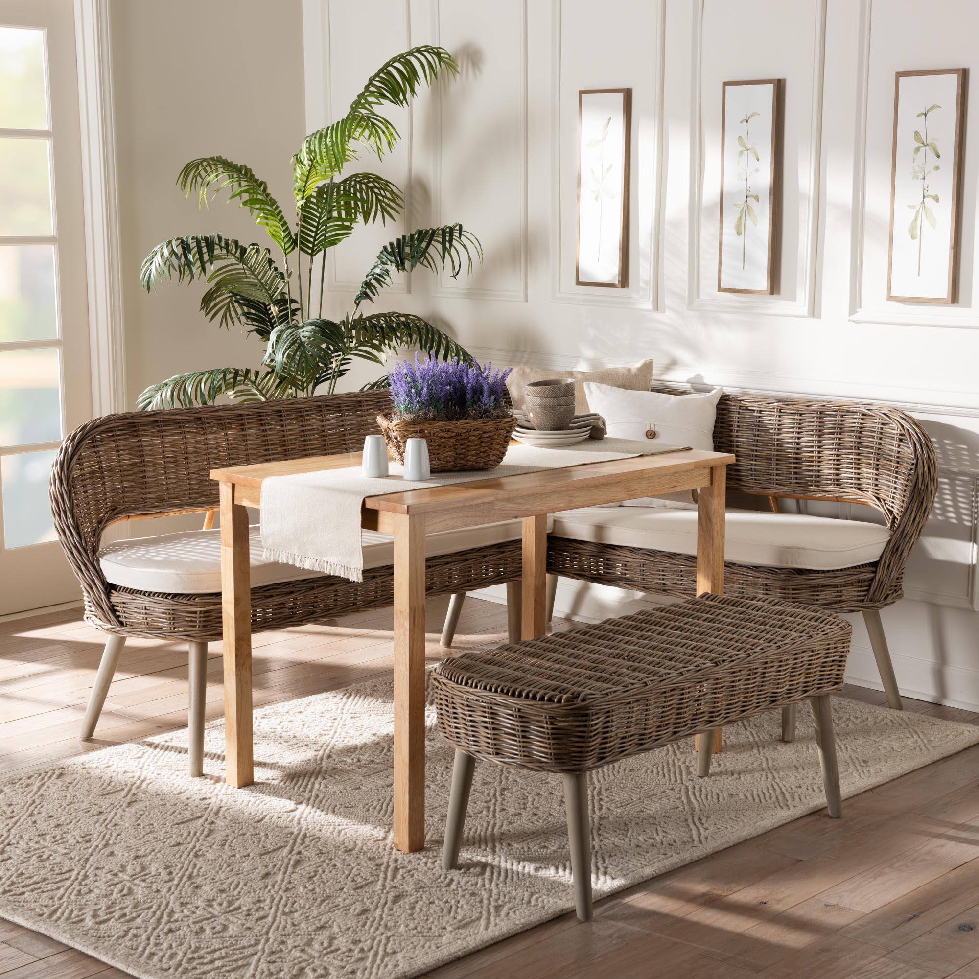 Raisa Modern Bohemian Kubu Rattan Bench and Wood Table 4-Piece Dining Nook Set