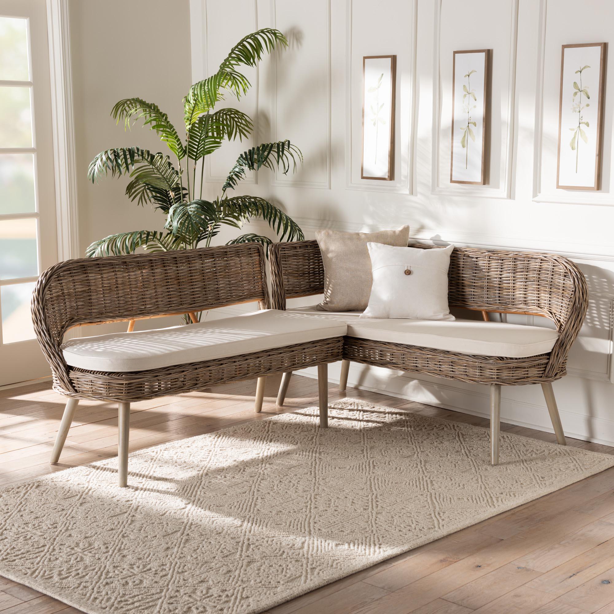 bali & pari Raisa Modern Bohemian Kubu Rattan and Acacia Wood 2-Piece Dining Nook Banquette Set