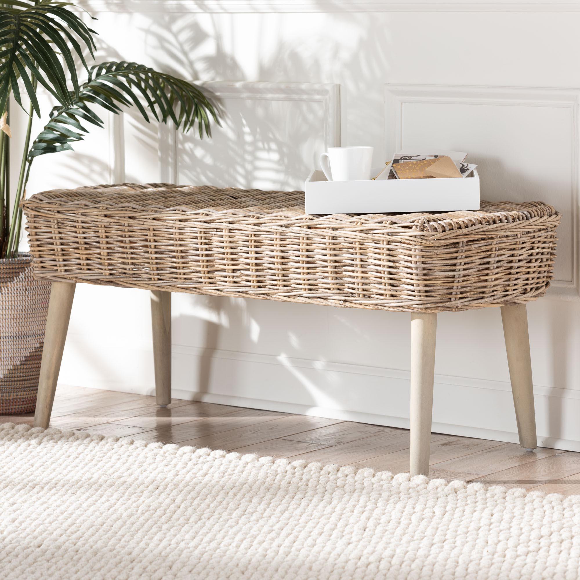 bali & pari Raisa Modern Bohemian Kubu Rattan and Acacia Wood Accent Bench