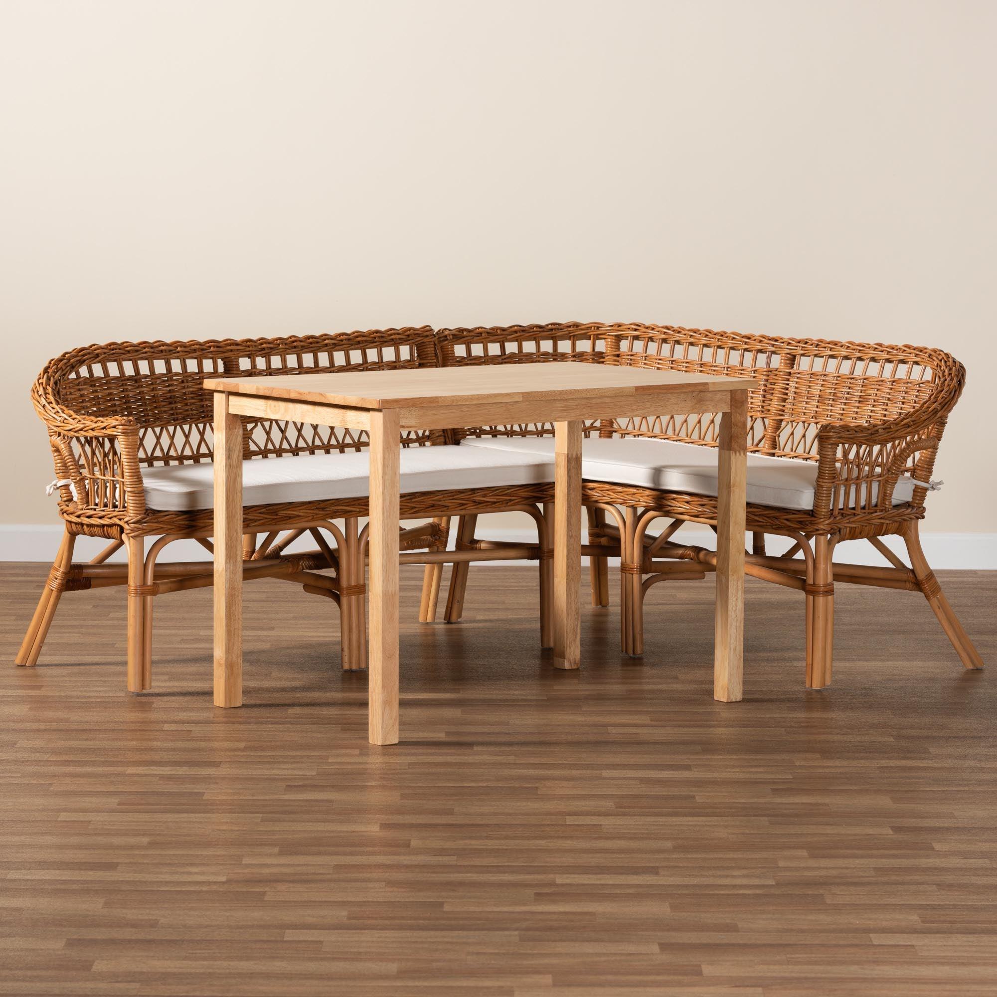 Nella Modern Bohemian Finished Wood and Rattan 3-Piece Dining Nook Set