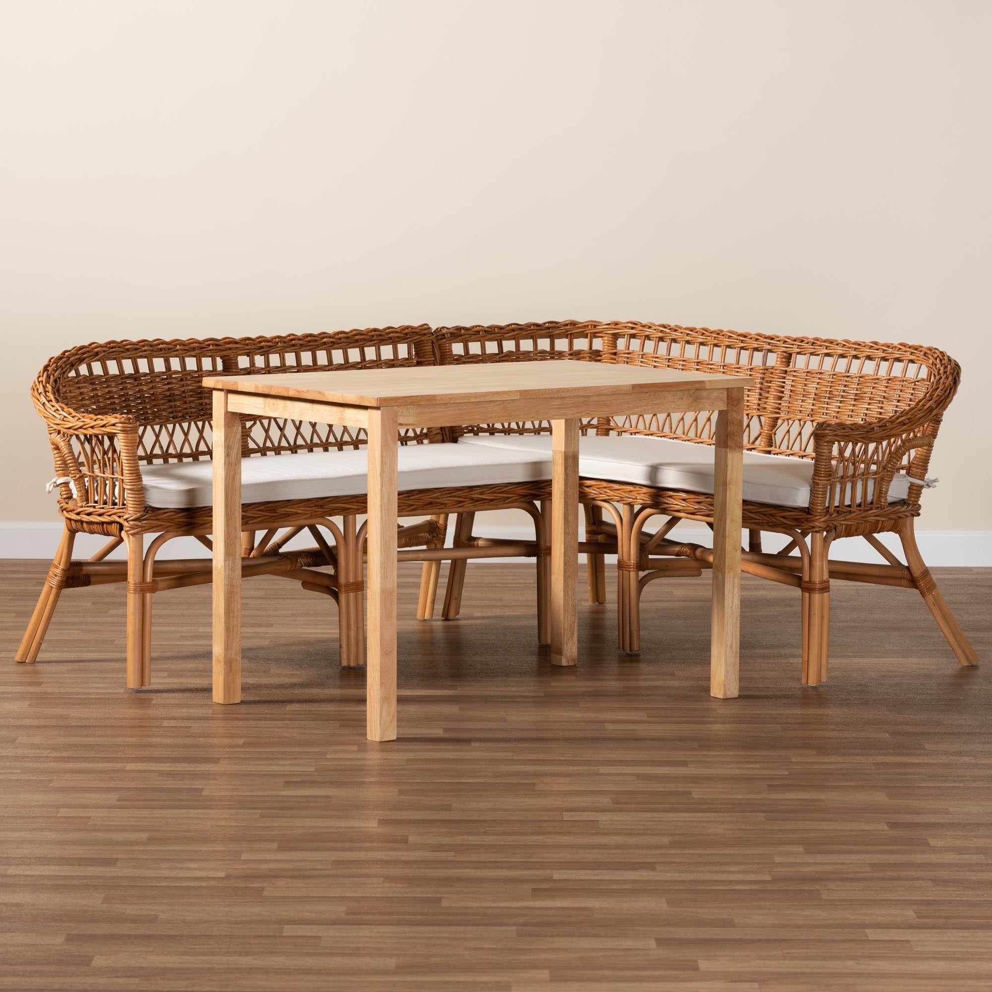 Nella Modern Bohemian Finished Wood and Rattan 3-Piece Dining Nook Set