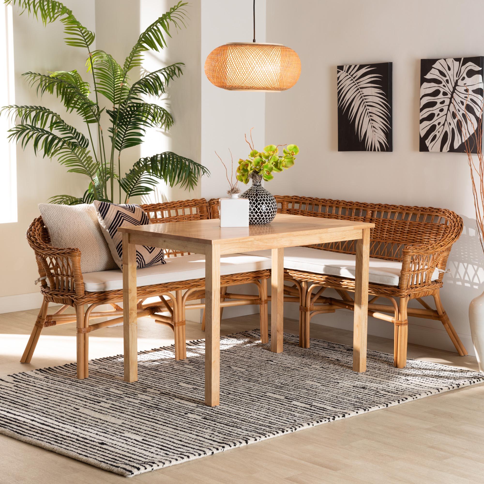 Nella Modern Bohemian Finished Wood and Rattan 3-Piece Dining Nook Set