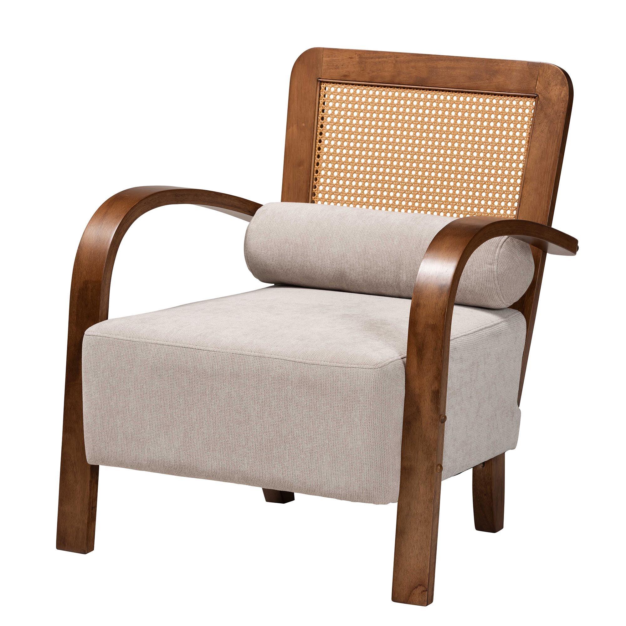 Sage Modern Japandi Light Fabric and Finished Wood Arm Chair with Woven Rattan
