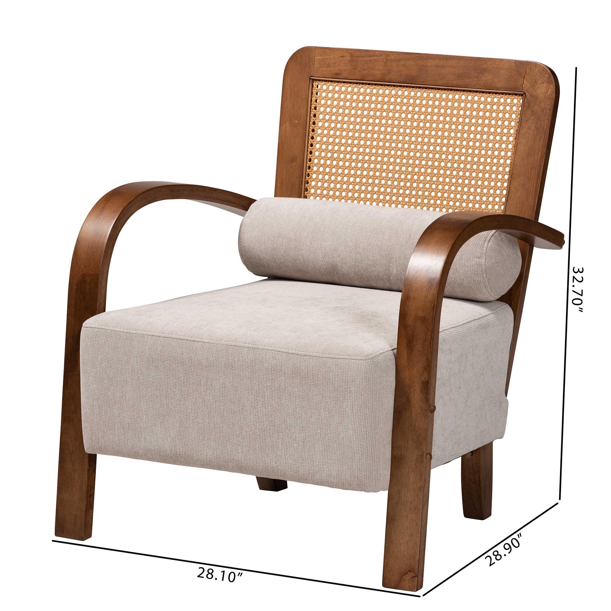Sage Modern Japandi Light Fabric and Finished Wood Arm Chair with Woven Rattan
