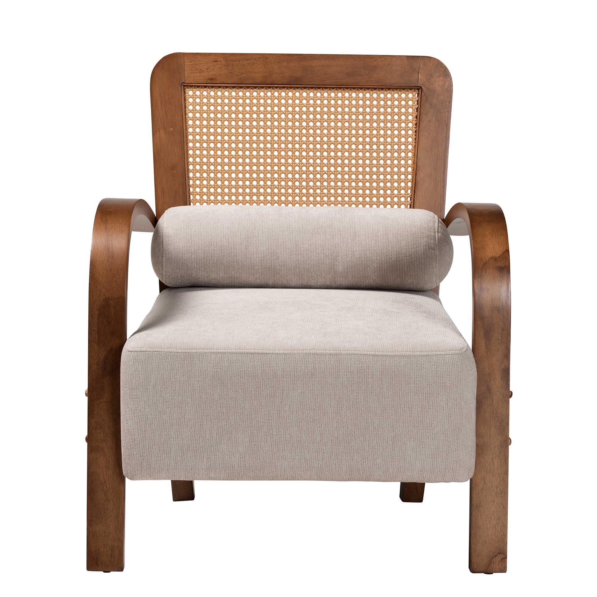 Sage Modern Japandi Light Fabric and Finished Wood Arm Chair with Woven Rattan