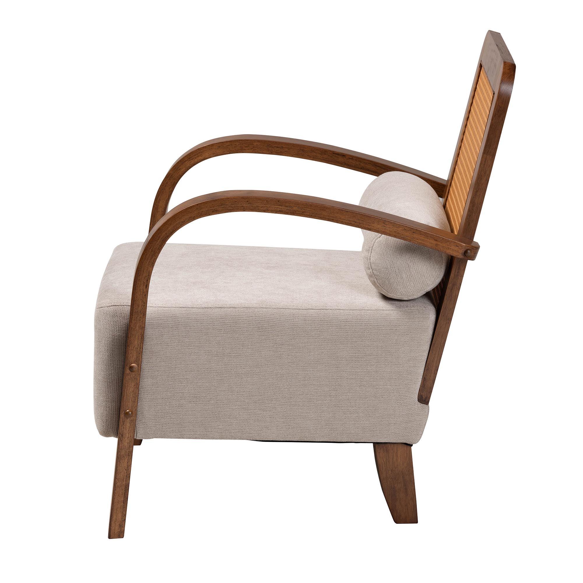 Sage Modern Japandi Light Fabric and Finished Wood Arm Chair with Woven Rattan