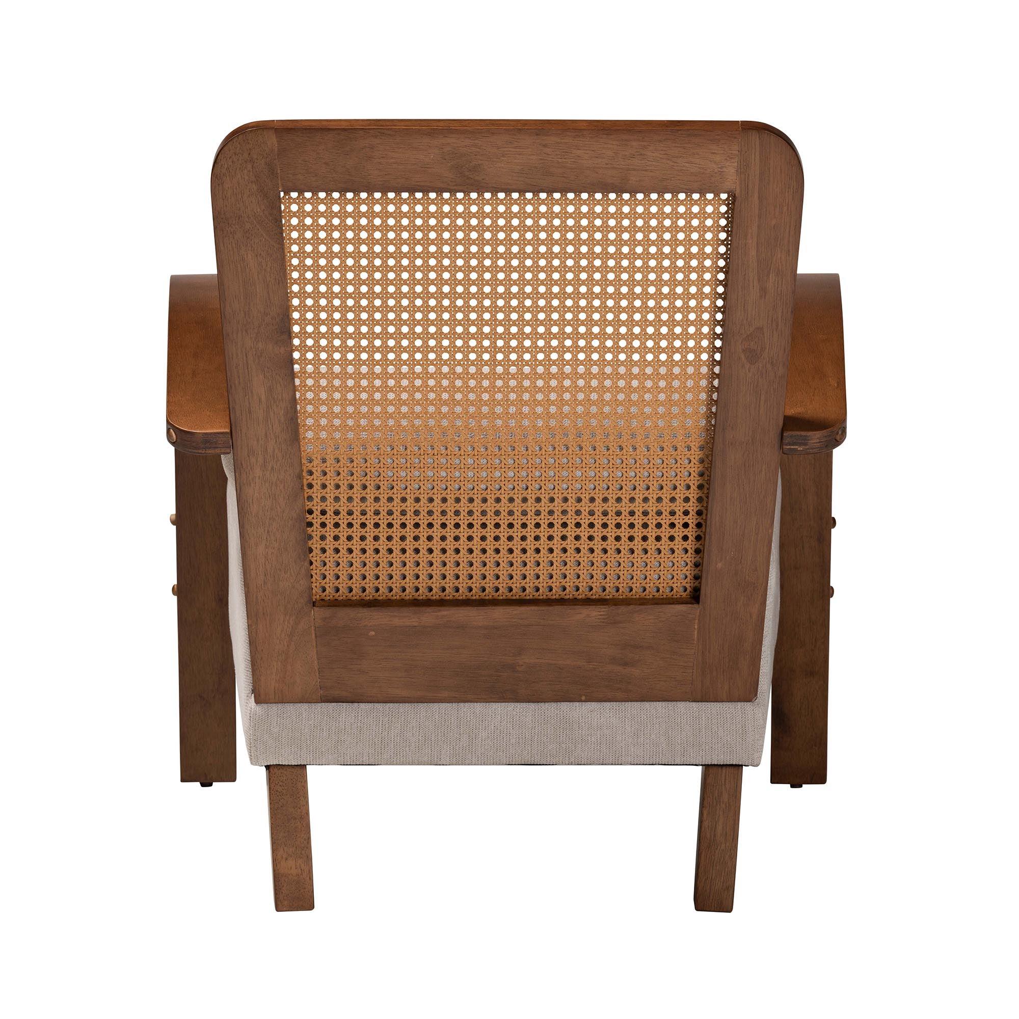 Sage Modern Japandi Light Fabric and Finished Wood Arm Chair with Woven Rattan