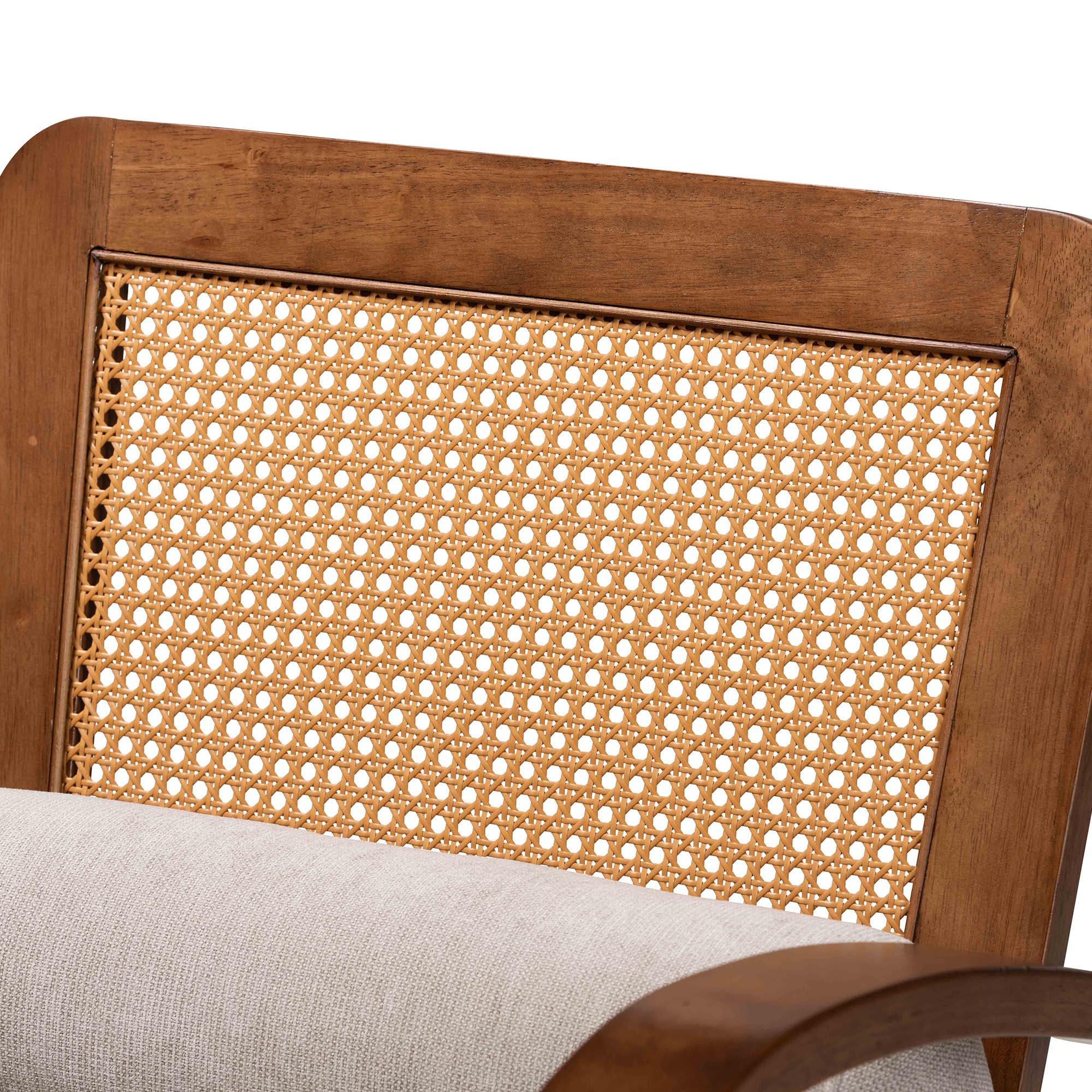 Sage Modern Japandi Light Fabric and Finished Wood Arm Chair with Woven Rattan