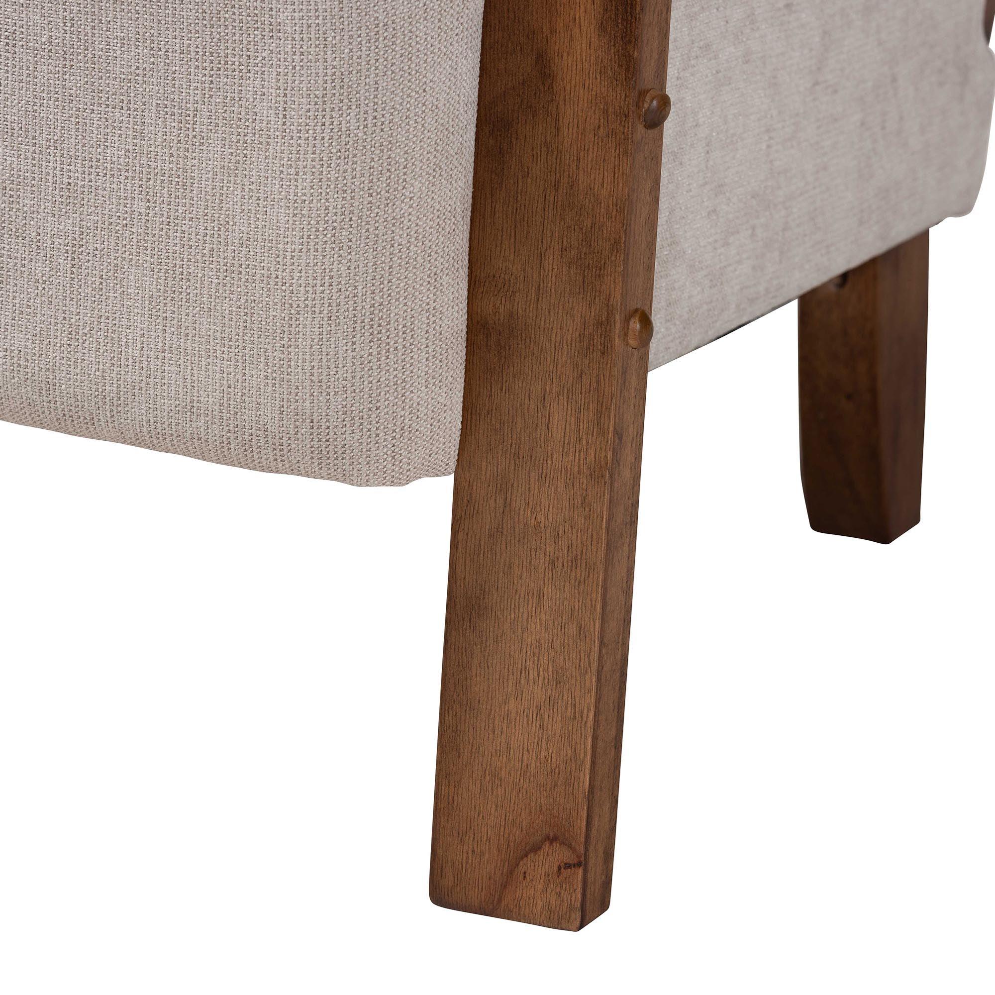 Sage Modern Japandi Light Fabric and Finished Wood Arm Chair with Woven Rattan