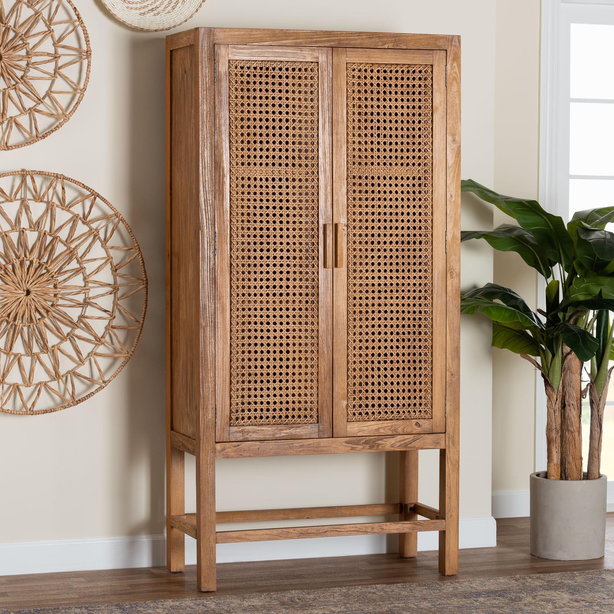 bali & pari Sibu Bohemian Rattan and Teak Wood Tall Cabinet