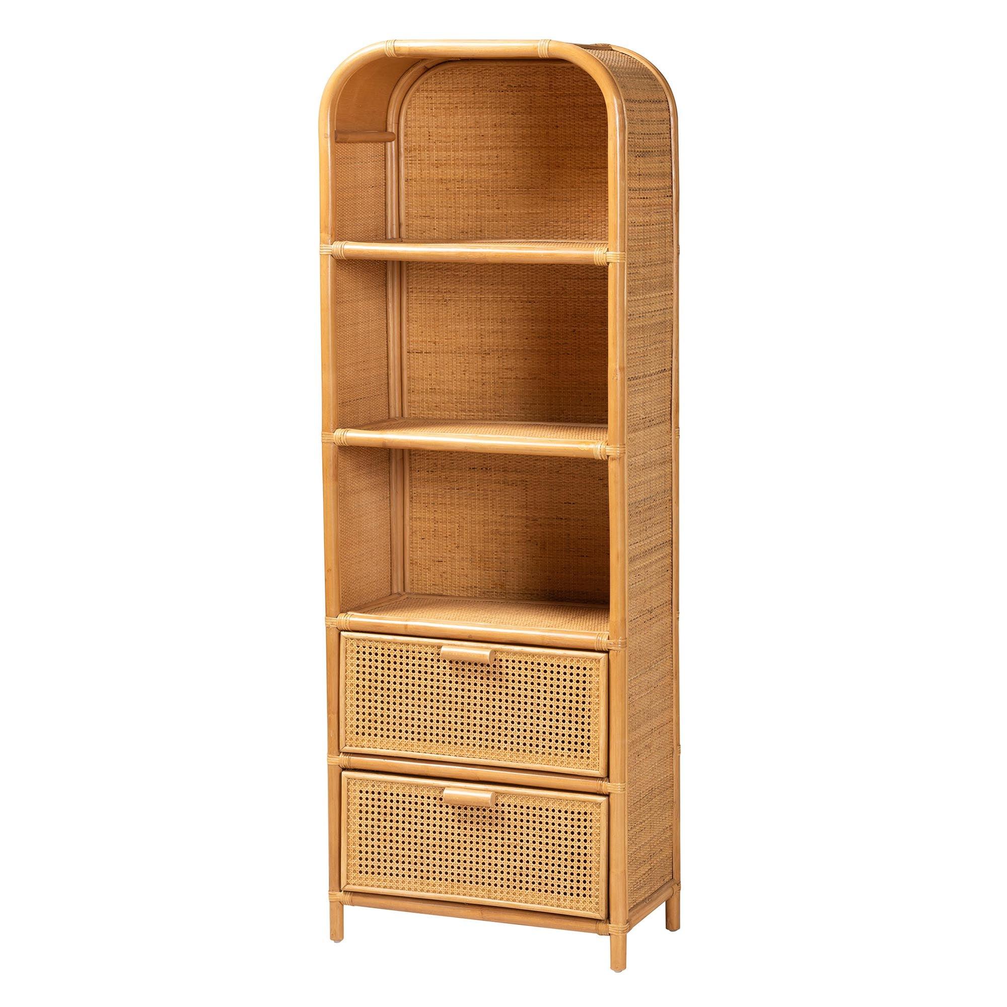 Bali & Pari Curacao Modern Bohemian Light Honey Rattan 2-Drawer Bookcase