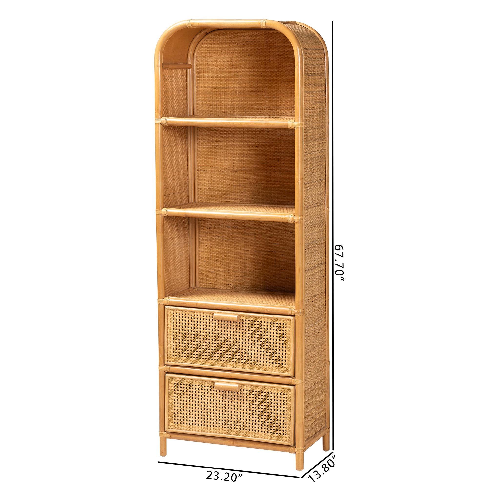 Bali & Pari Curacao Modern Bohemian Light Honey Rattan 2-Drawer Bookcase
