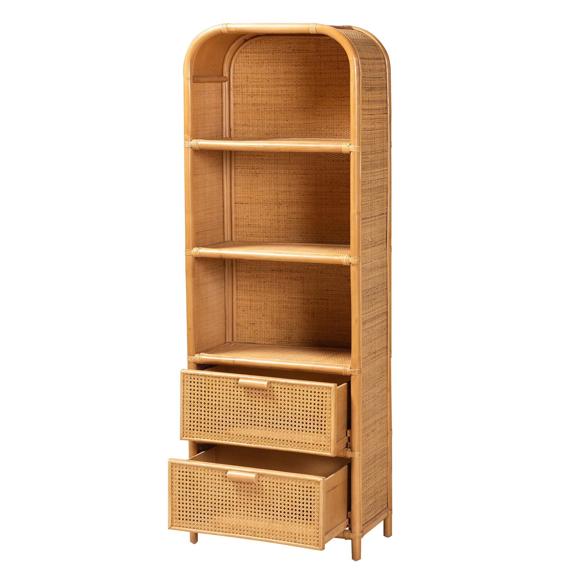 Bali & Pari Curacao Modern Bohemian Light Honey Rattan 2-Drawer Bookcase