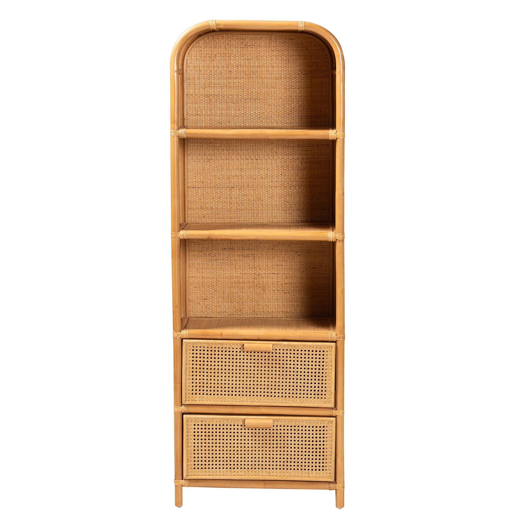 Bali & Pari Curacao Modern Bohemian Light Honey Rattan 2-Drawer Bookcase