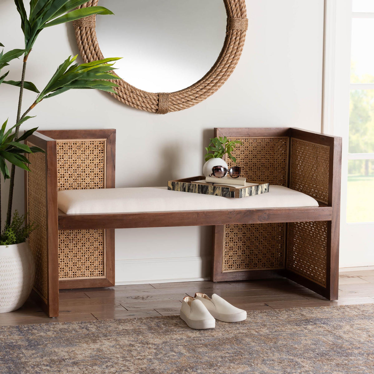 Bali & Pari Lovina Bohemian Light Honey Rattan and Acacia Wood Accent Bench