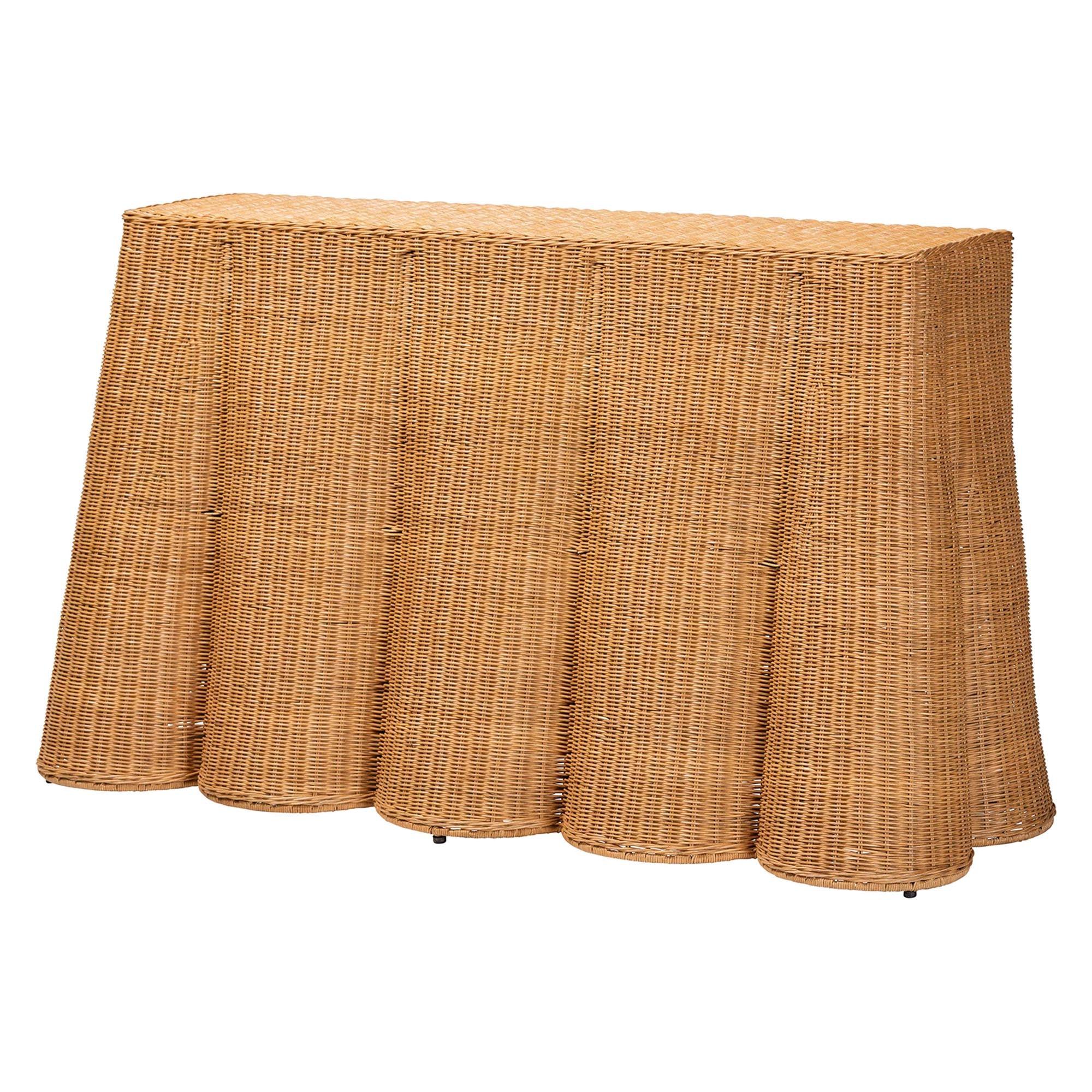 Bali & Pari Palm Bohemian Honey Scallop Rattan Console Table