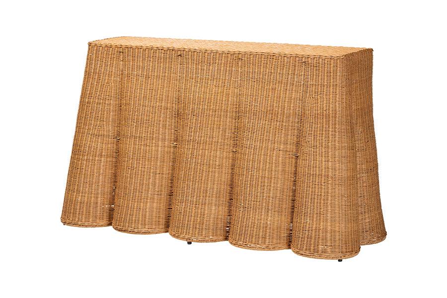 Bali & Pari Palm Bohemian Honey Scallop Rattan Console Table