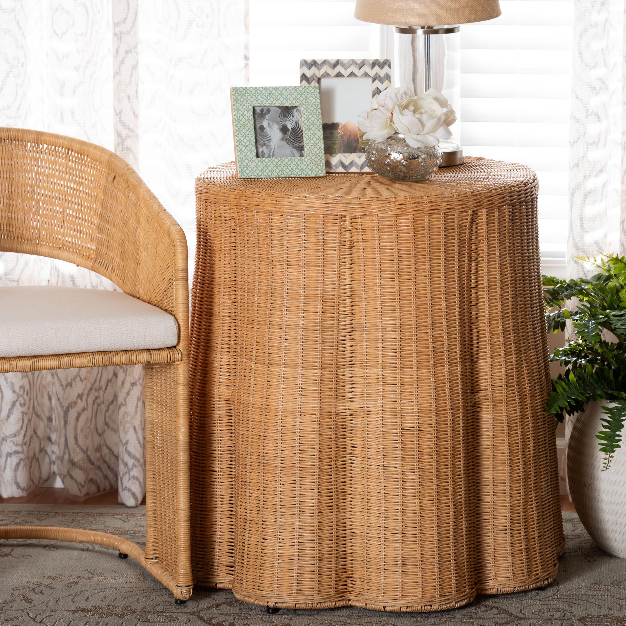 Bali & Pari Palm Bohemian Honey Scallop Rattan Console Table