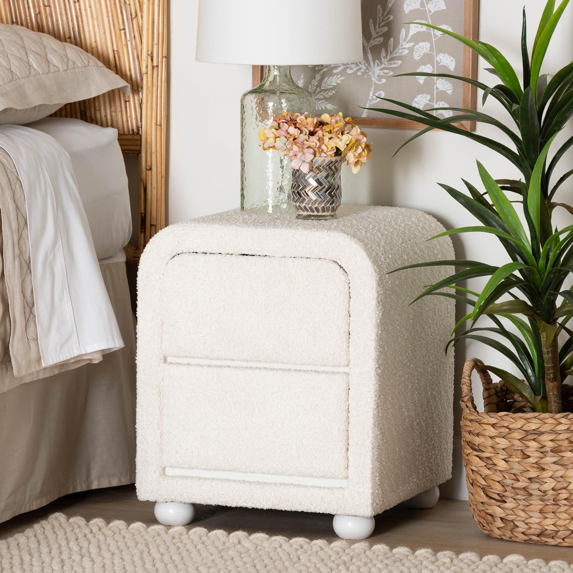 Bonilla Modern Teddy-Bear Fabric and Rubberwood 2-Drawer Nightstand