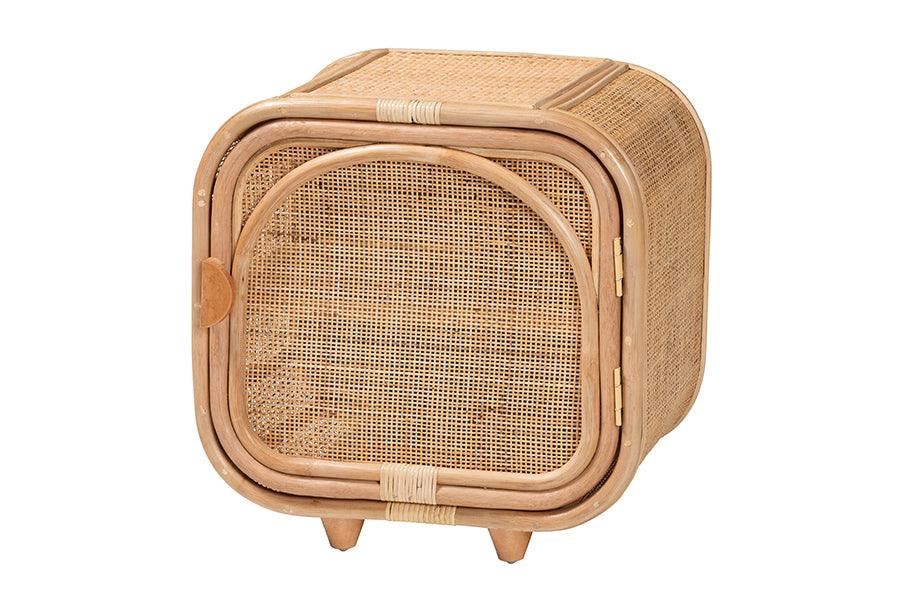 Bali & Pari Keita Bohemian Rattan and Mahogany Wood Nightstand