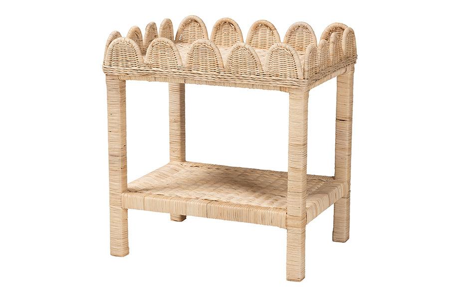 Bali & Pari Sumana Bohemian Scallop Rattan and Mahogany Side Table