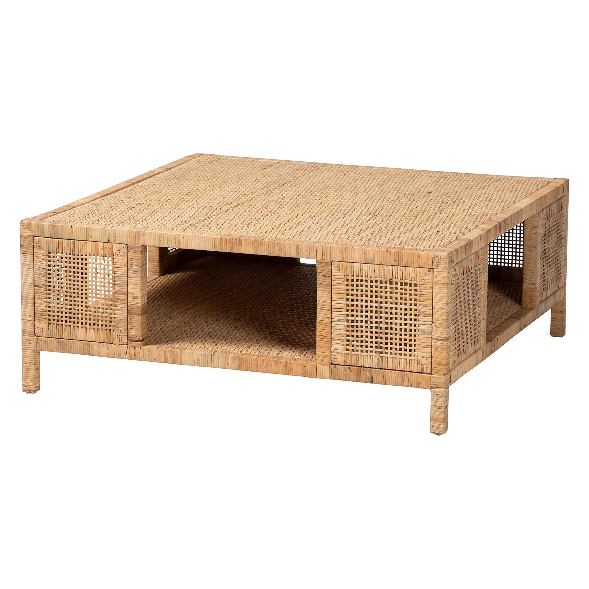 Bali & Pari Kalimantan Bohemian Light Honey Rattan and Mahogany Wood Square Coffee Table