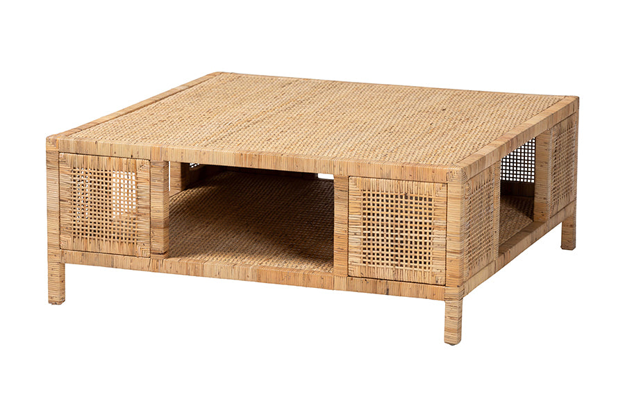 Bali & Pari Kalimantan Bohemian Light Honey Rattan and Mahogany Wood Square Coffee Table