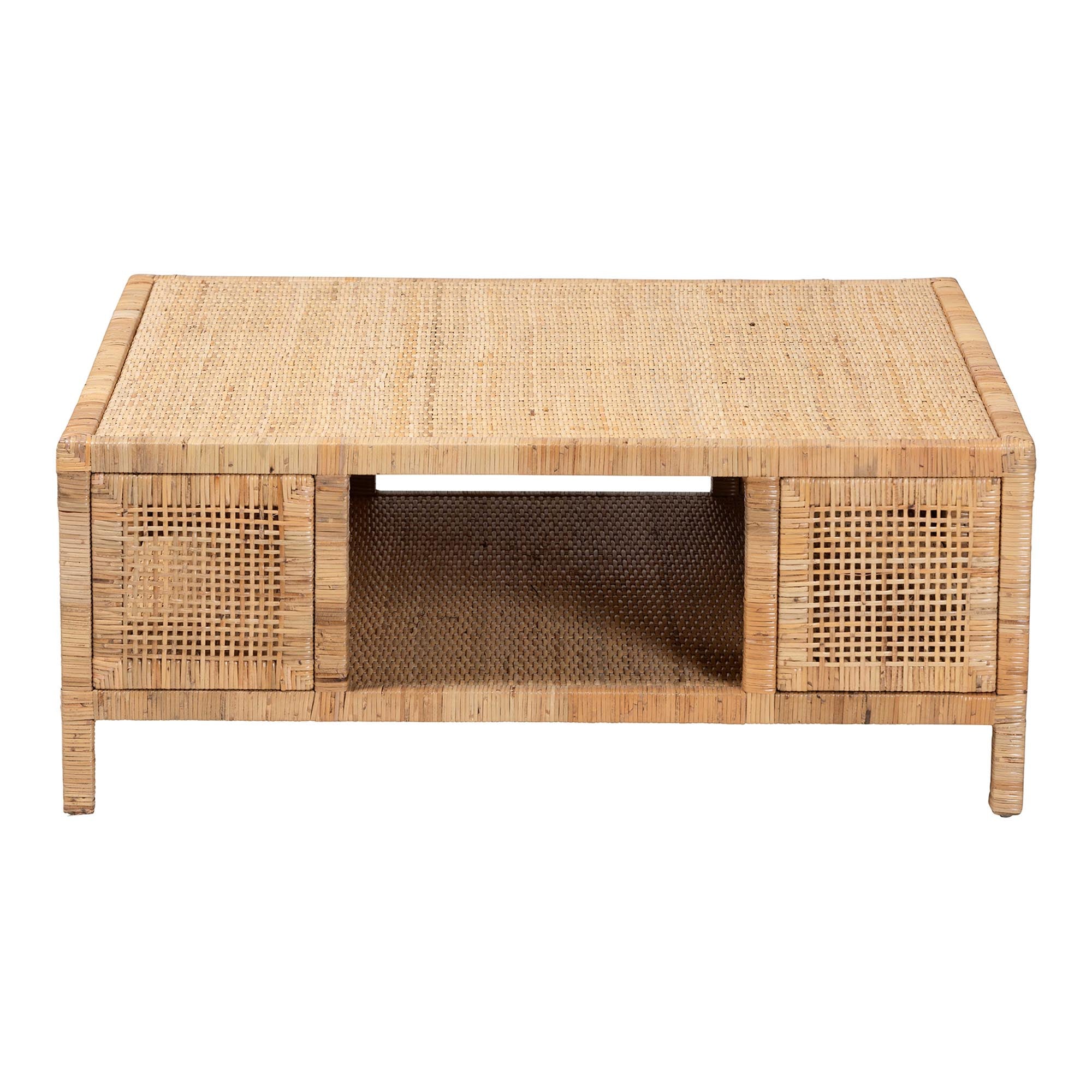 Bali & Pari Kalimantan Bohemian Light Honey Rattan and Mahogany Wood Square Coffee Table