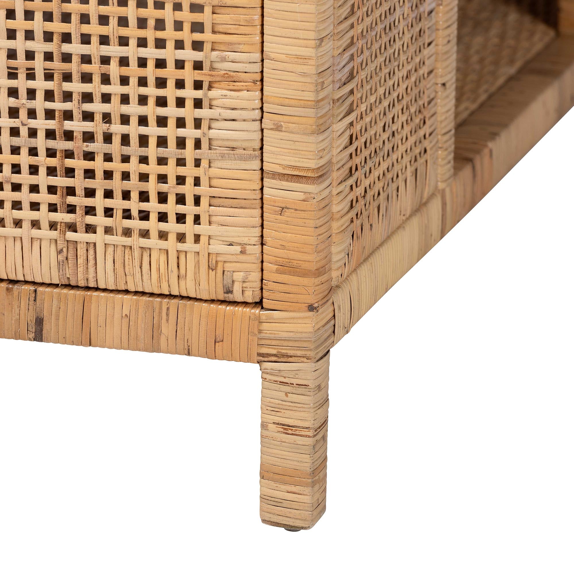 Bali & Pari Kalimantan Bohemian Light Honey Rattan and Mahogany Wood Square Coffee Table