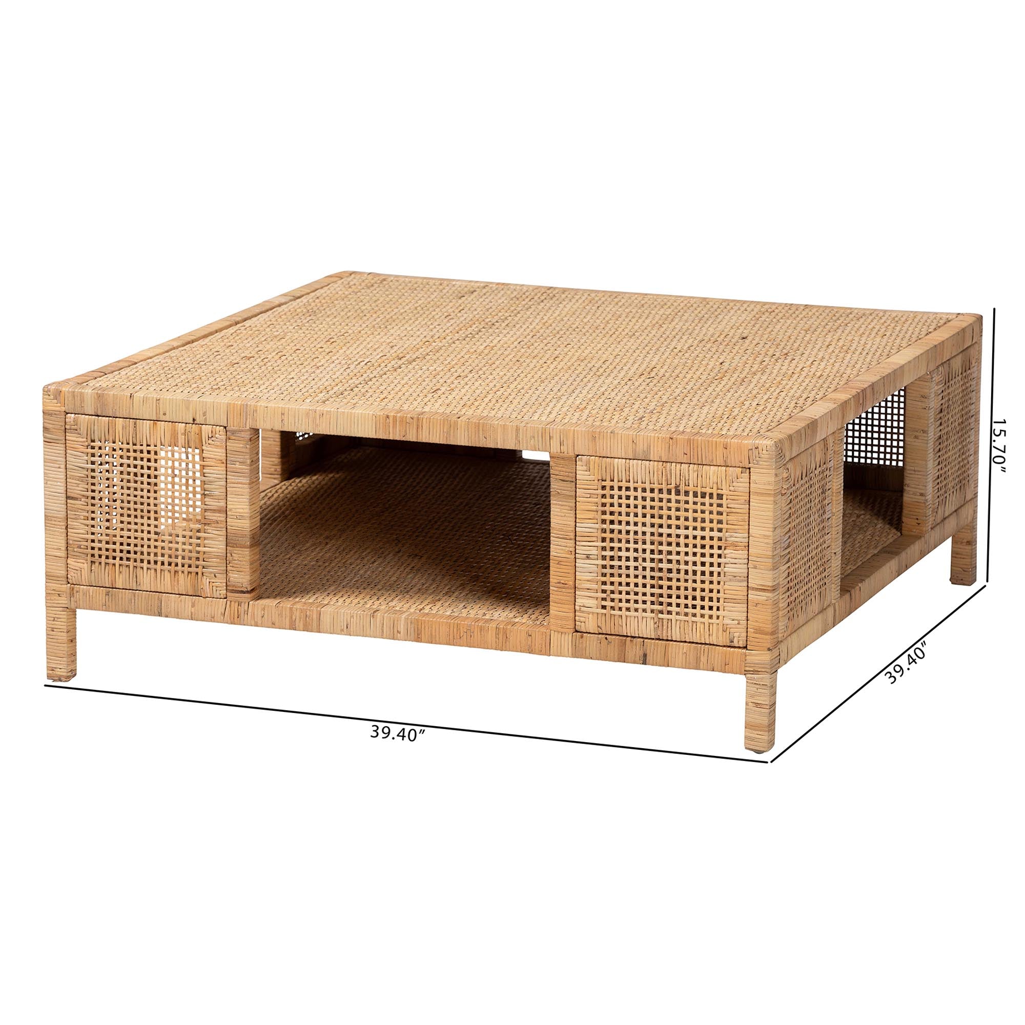 Bali & Pari Kalimantan Bohemian Light Honey Rattan and Mahogany Wood Square Coffee Table