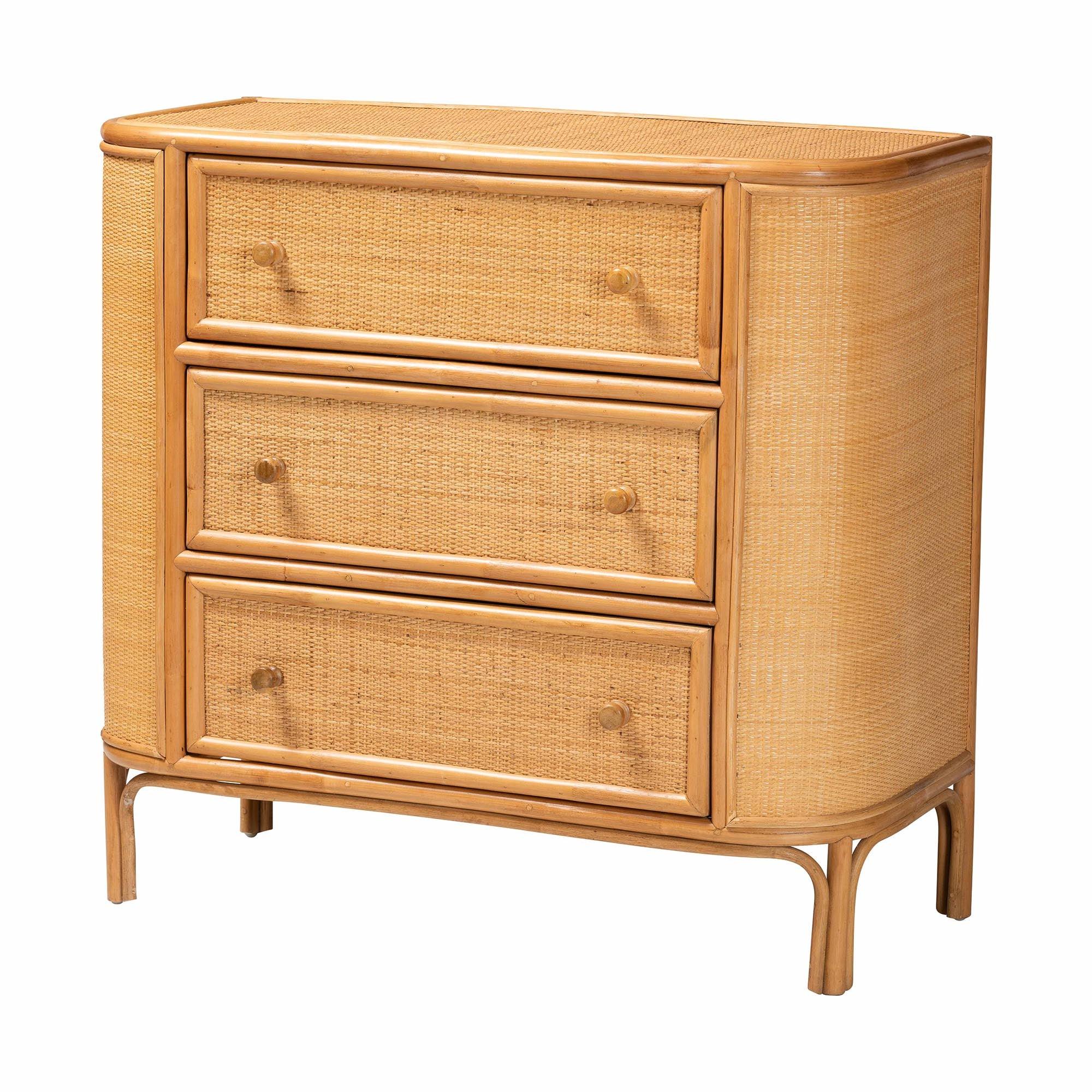Bali & Pari Radenza Bohemian Light Honey Rattan 3-Drawer Storage Cabinet
