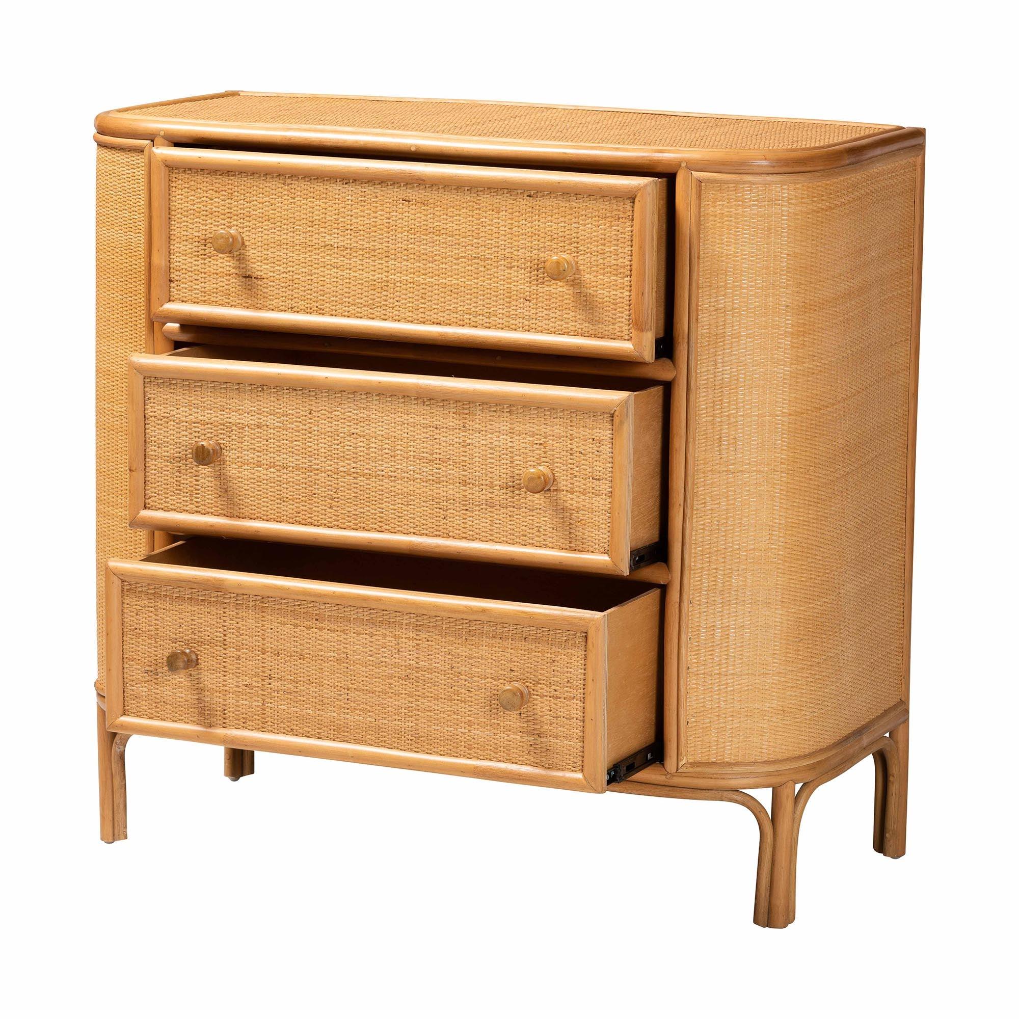Bali & Pari Radenza Bohemian Light Honey Rattan 3-Drawer Storage Cabinet