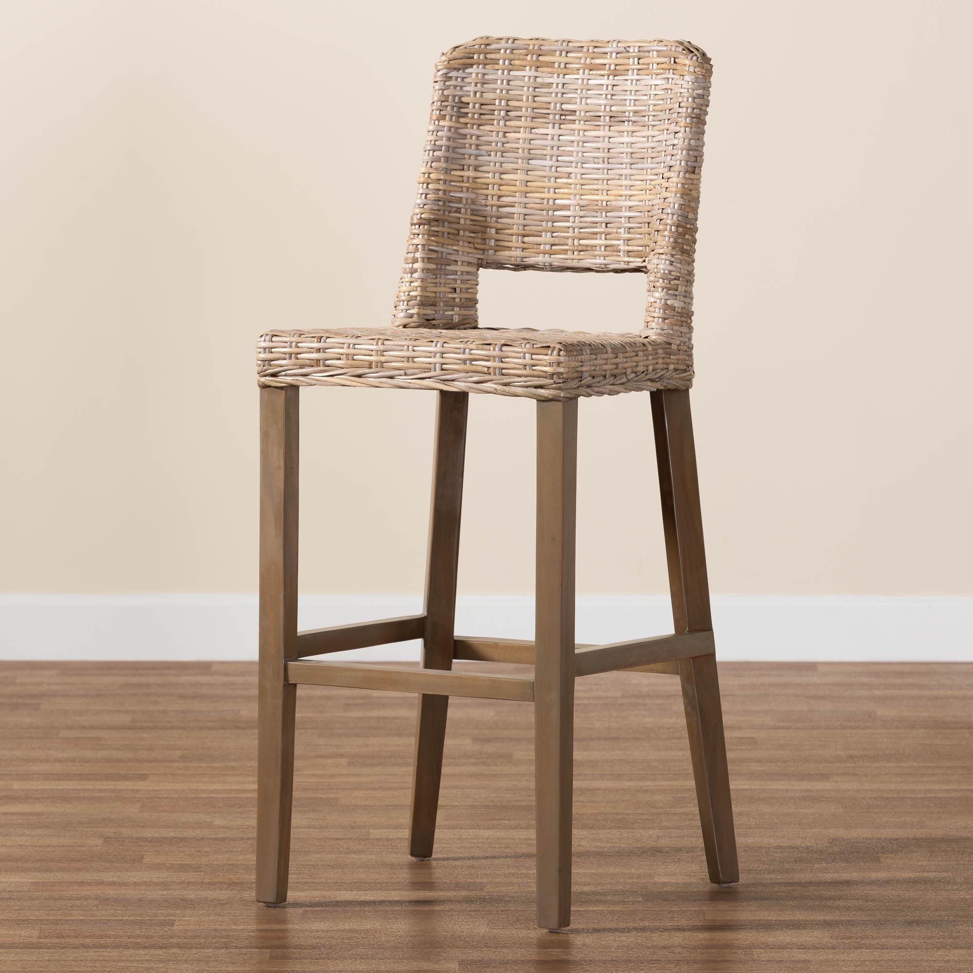 bali & pari Magy Modern Bohemian Kubu Rattan and Mahogany Wood Bar Stool
