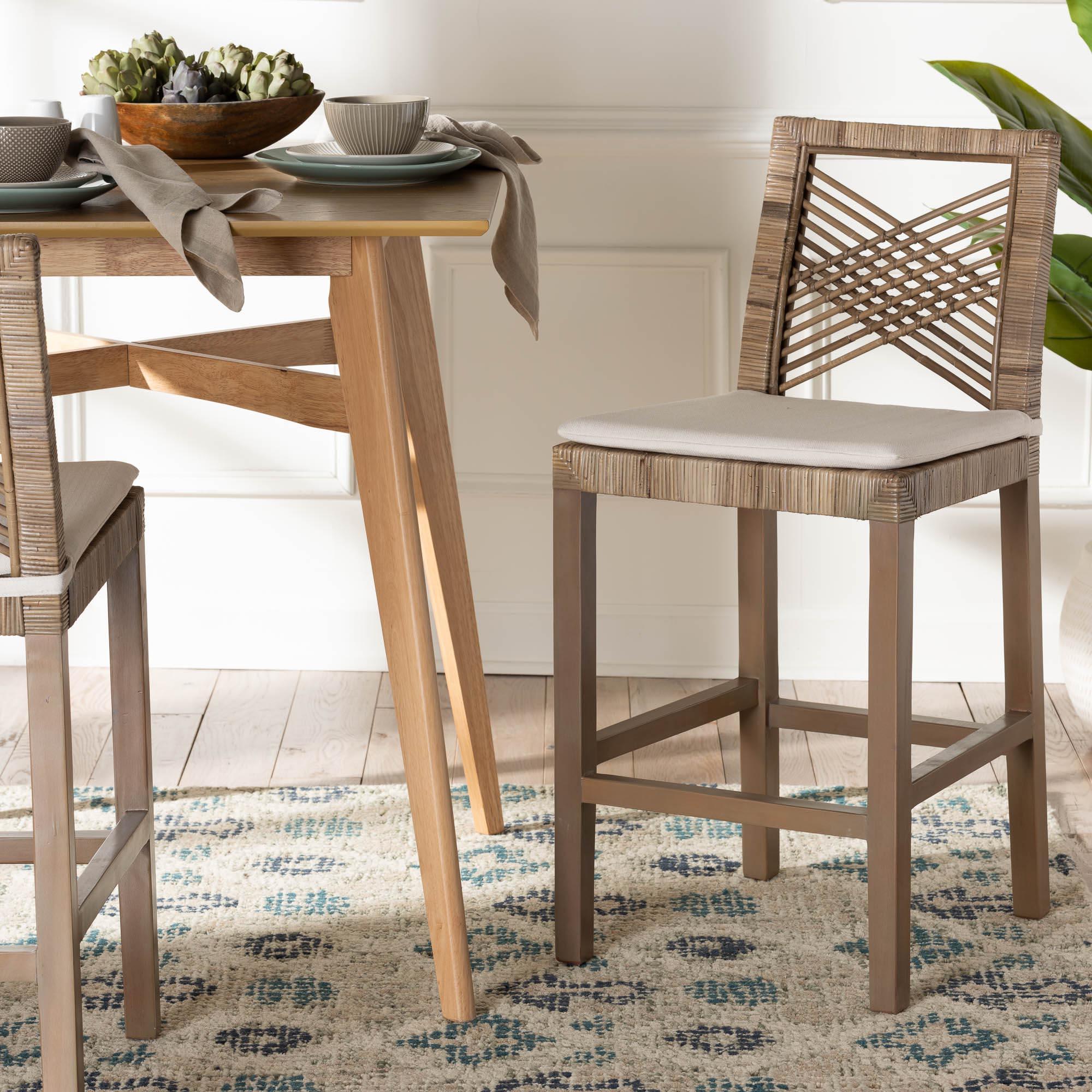 bali & pari Poltak Modern Bohemian Kubu Rattan and Mahogany Wood Counter Stool