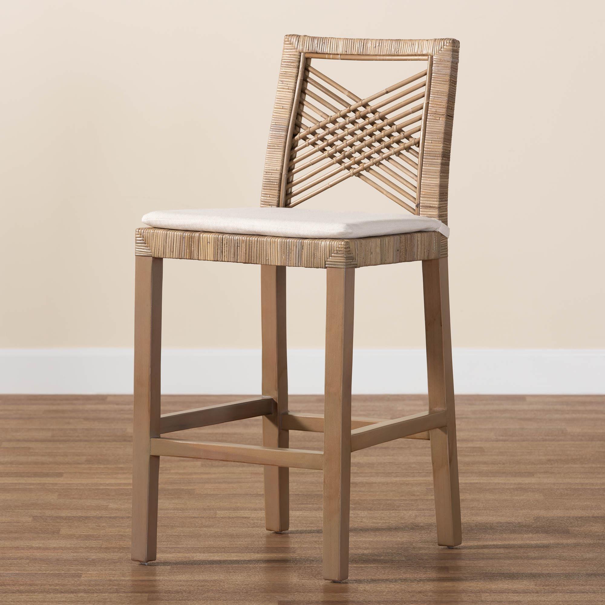 bali & pari Poltak Modern Bohemian Kubu Rattan and Mahogany Wood Counter Stool
