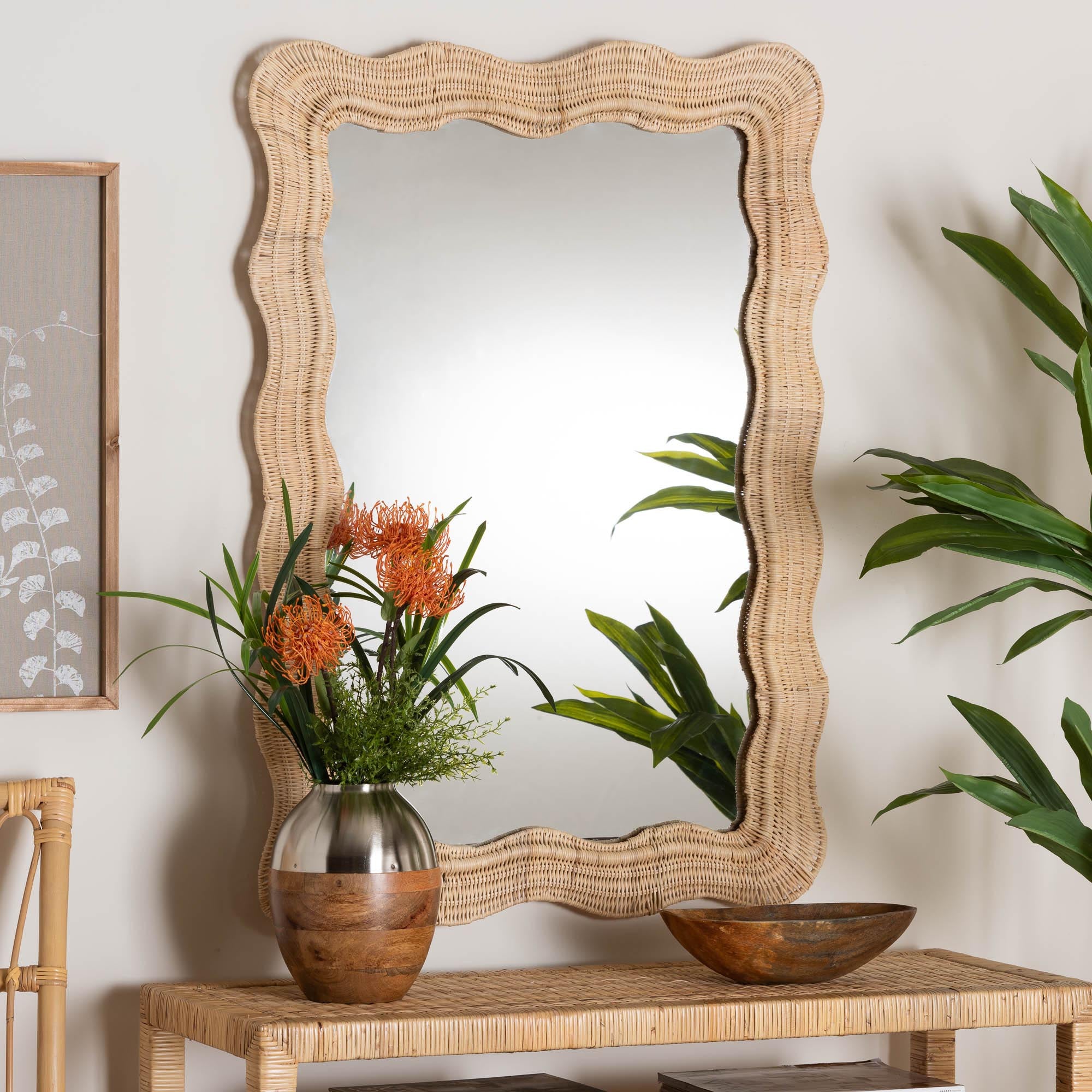 bali & pari Hasana Bohemian Scallop Rattan Accent Wall Mirror