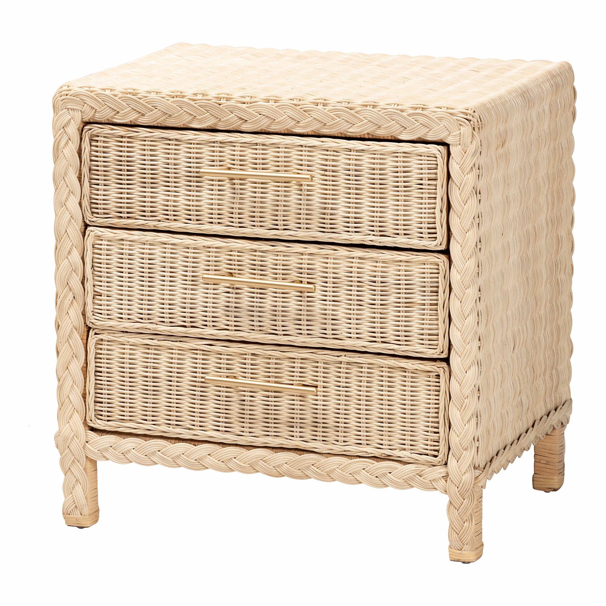 Bali & Pari Lanica Japandi Sun Bleached Rattan 3-Drawer Nightstand