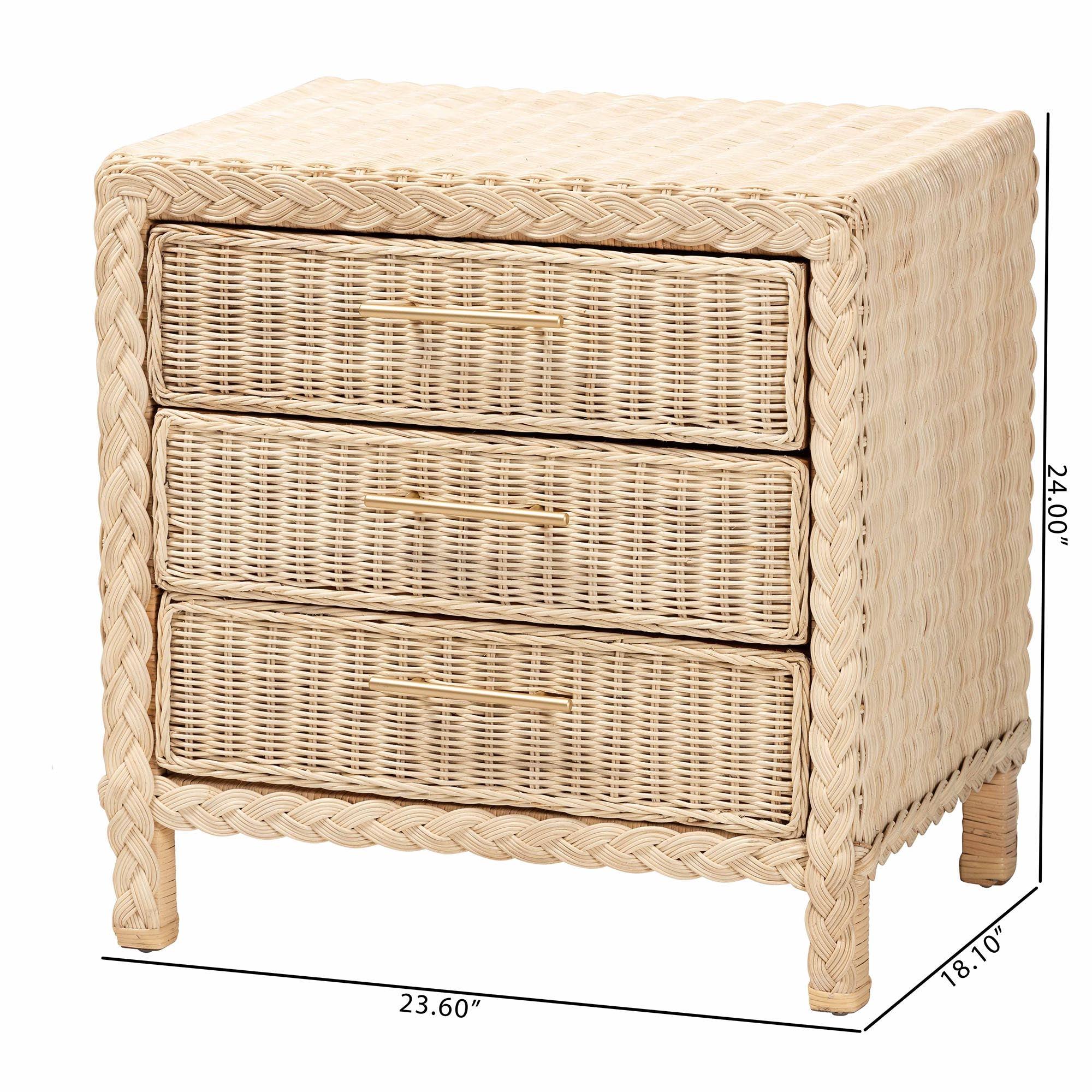 Bali & Pari Lanica Japandi Sun Bleached Rattan 3-Drawer Nightstand