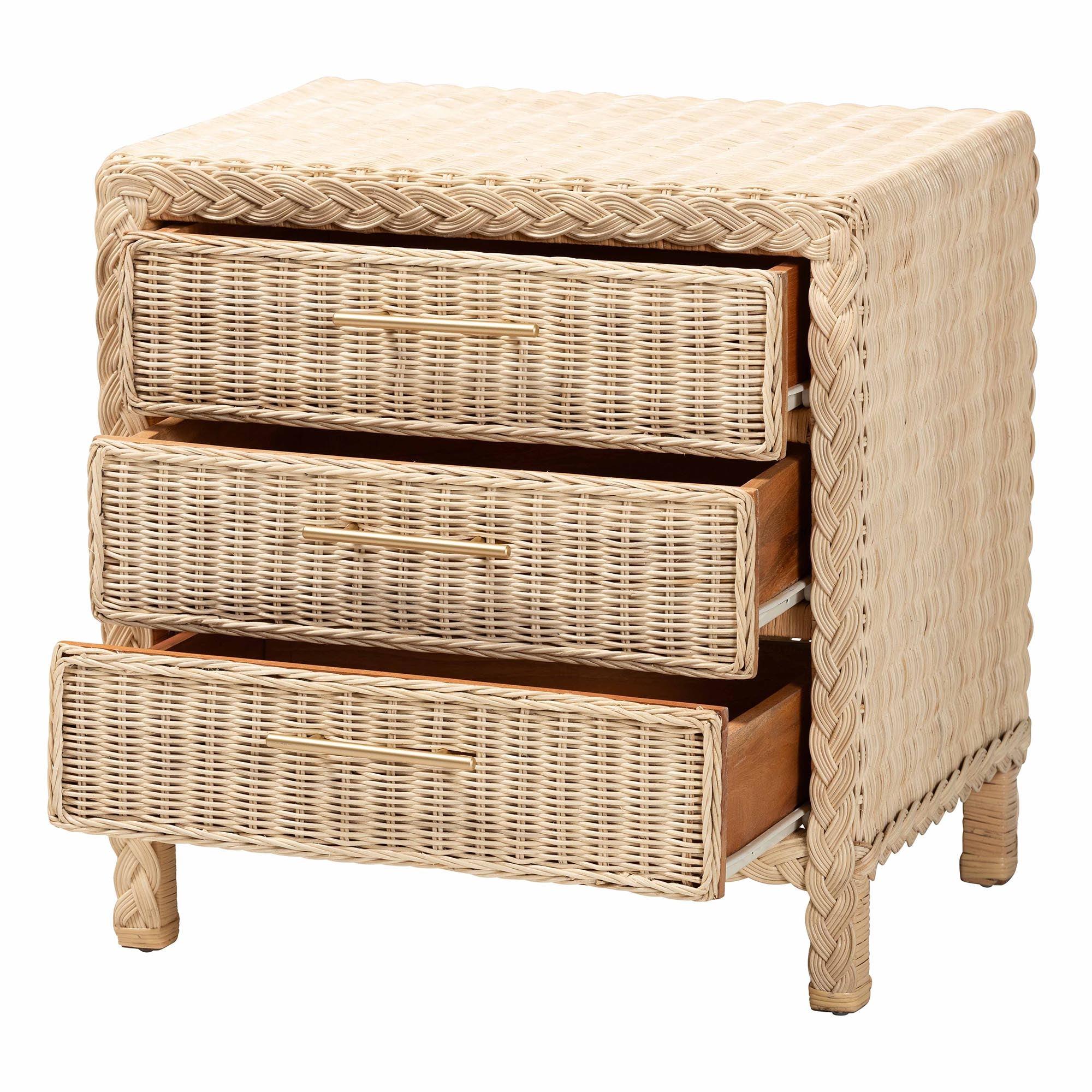 Bali & Pari Lanica Japandi Sun Bleached Rattan 3-Drawer Nightstand